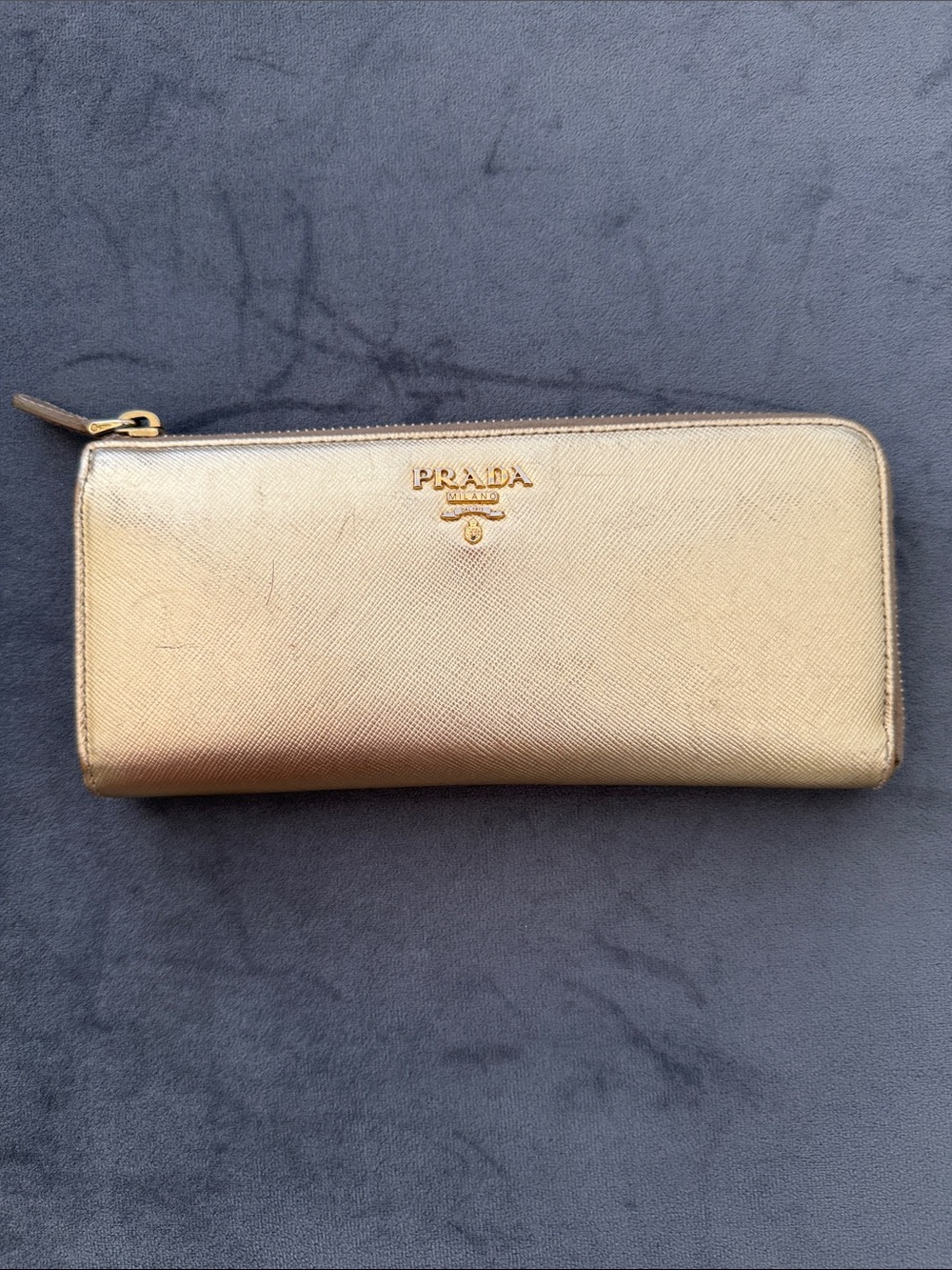 Prada Gold Saffiano Zip Continental Wallet Authentic